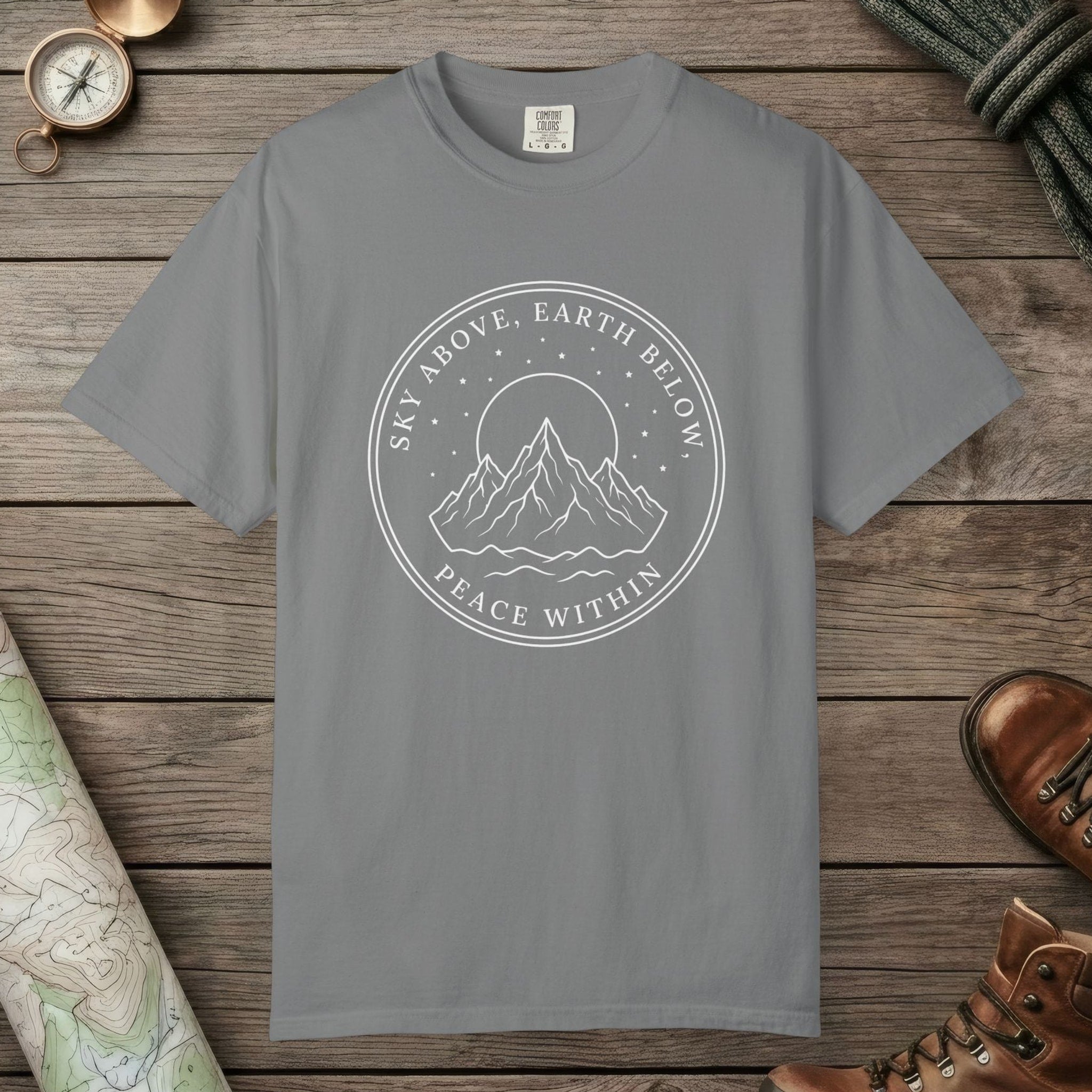Grey color unisex graphic t-shirt with "Peace Within" design