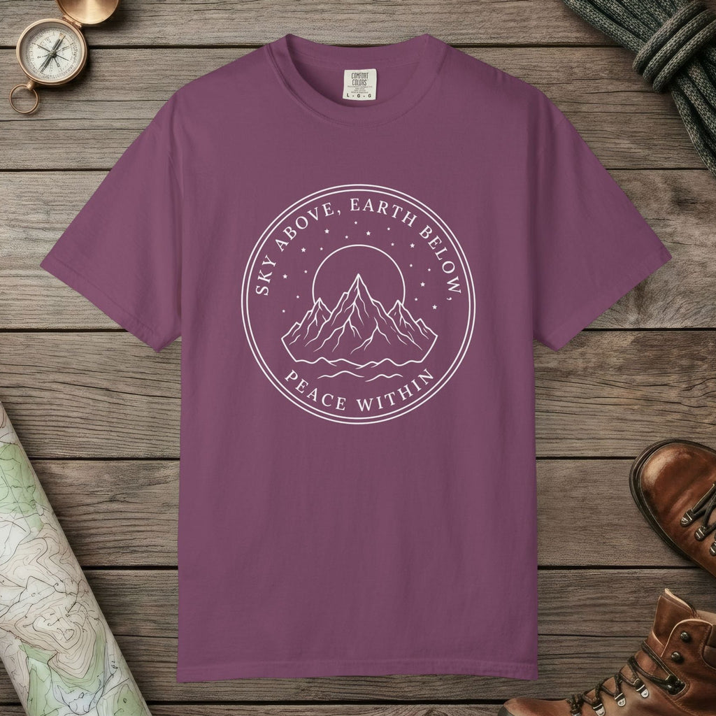 Berry color unisex graphic t-shirt with "Peace Within" design