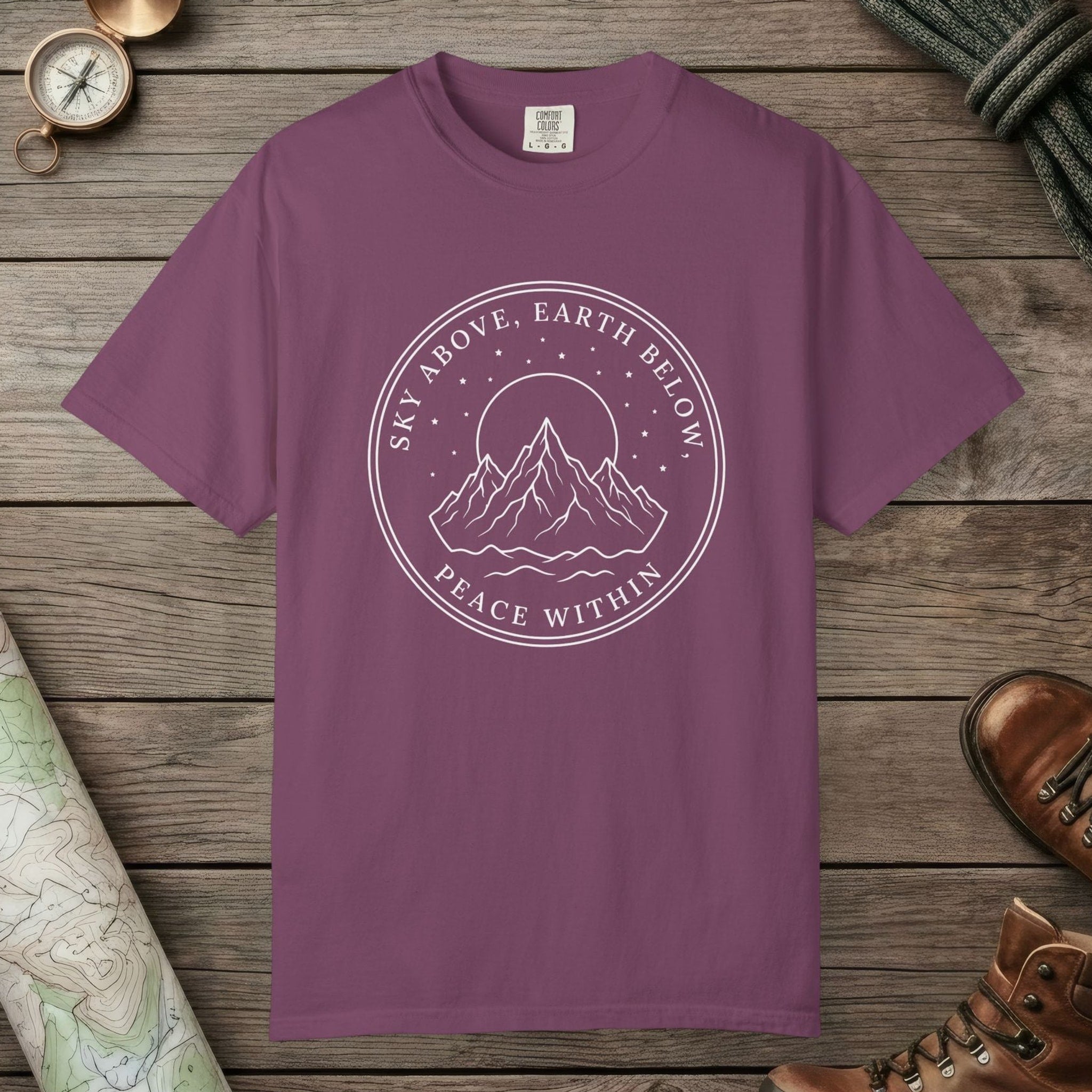 Berry color unisex graphic t-shirt with "Peace Within" design