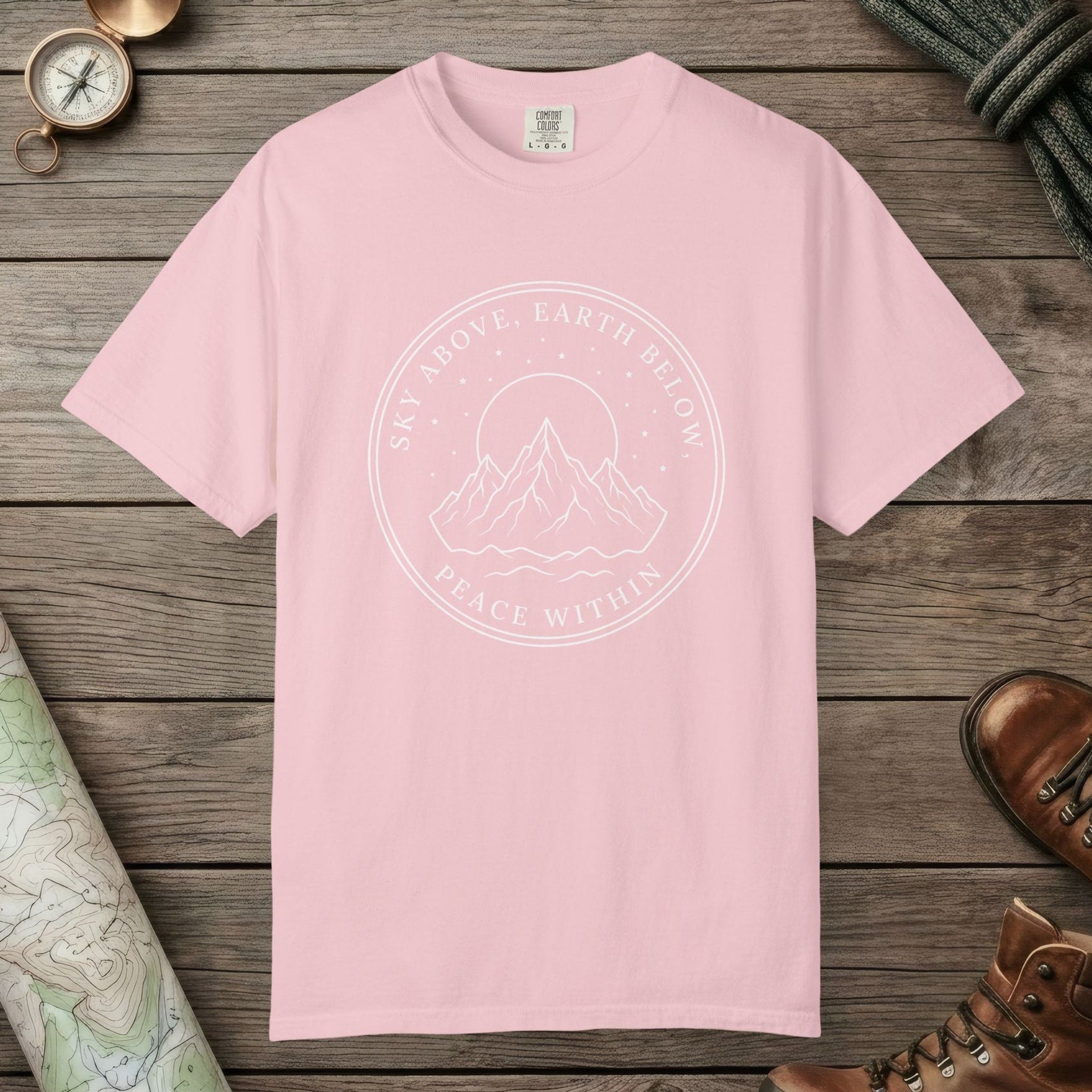 Blossom color unisex graphic t-shirt with "Peace Within" design