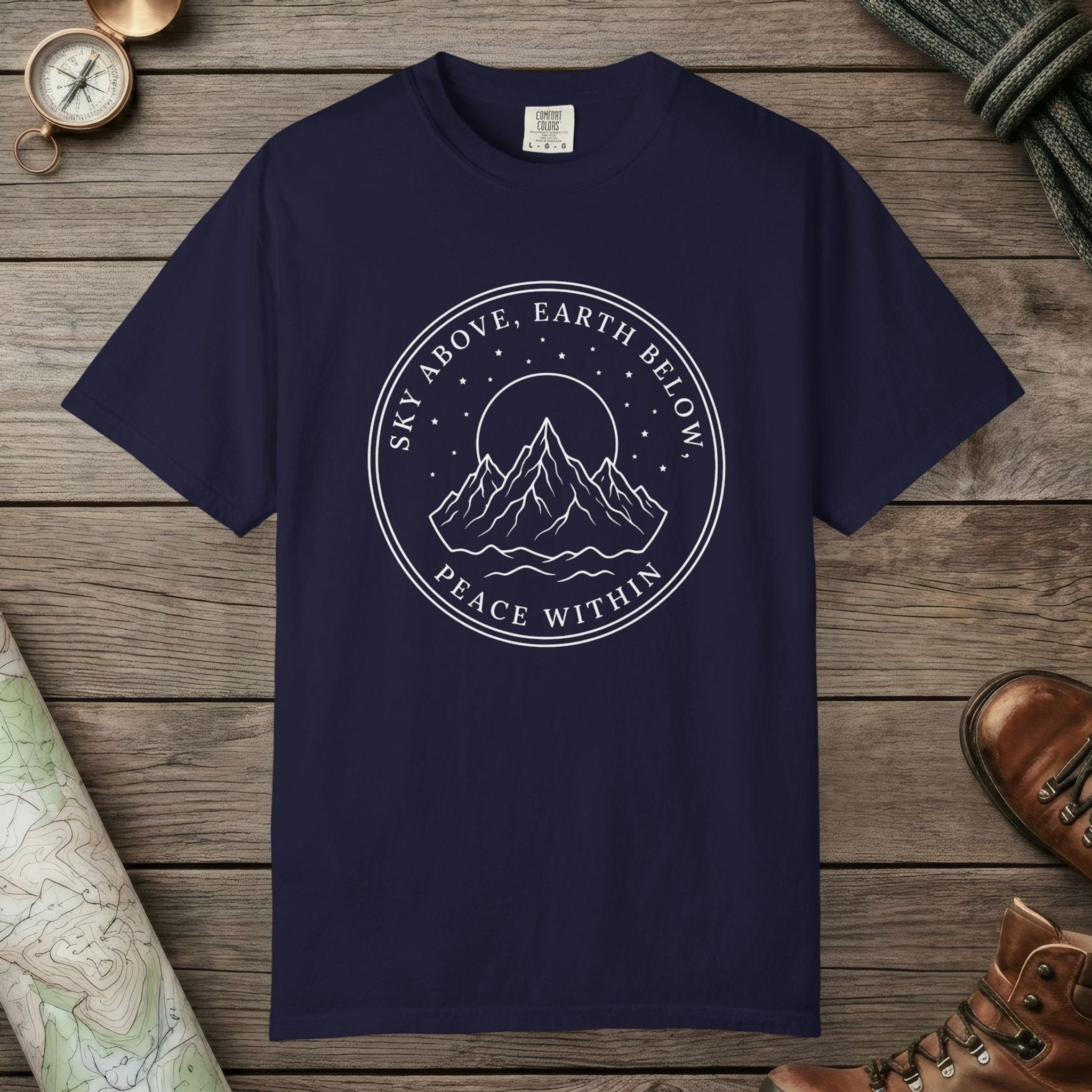 True Navy color unisex graphic t-shirt with "Peace Within" design