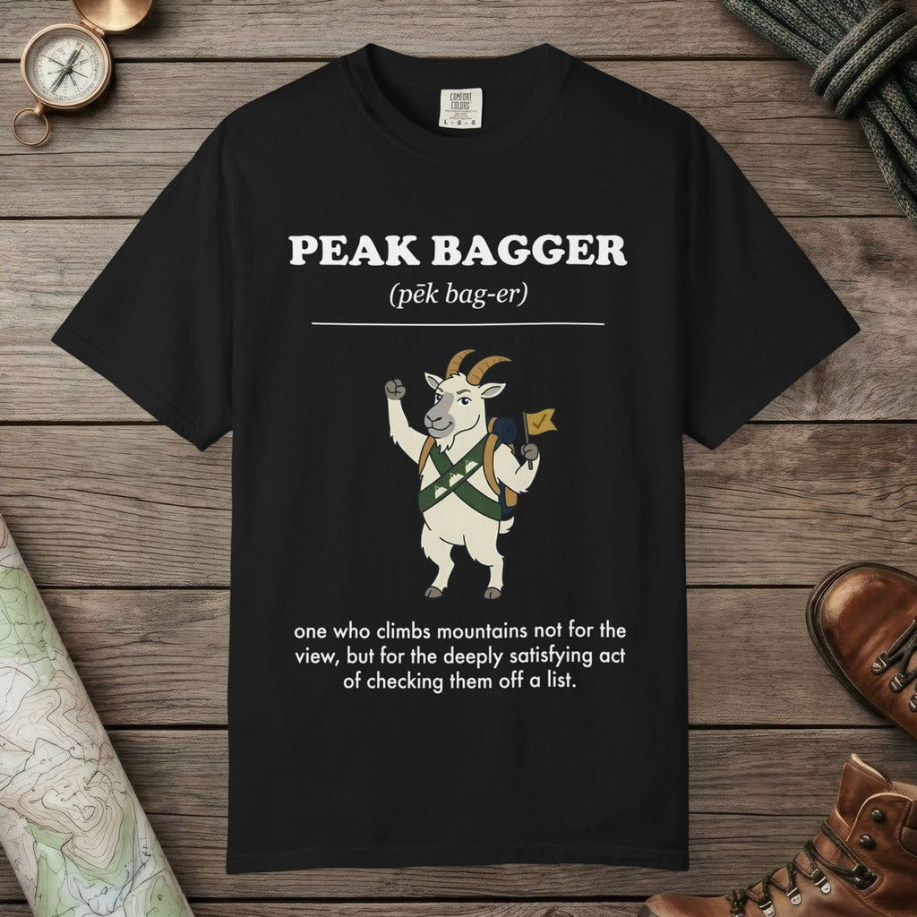 Black color unisex graphic t-shirt with "Peak Bagger Definition" design