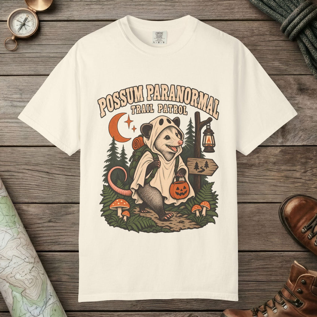 Ivory color unisex graphic t-shirt with "Possum Paranormal" design