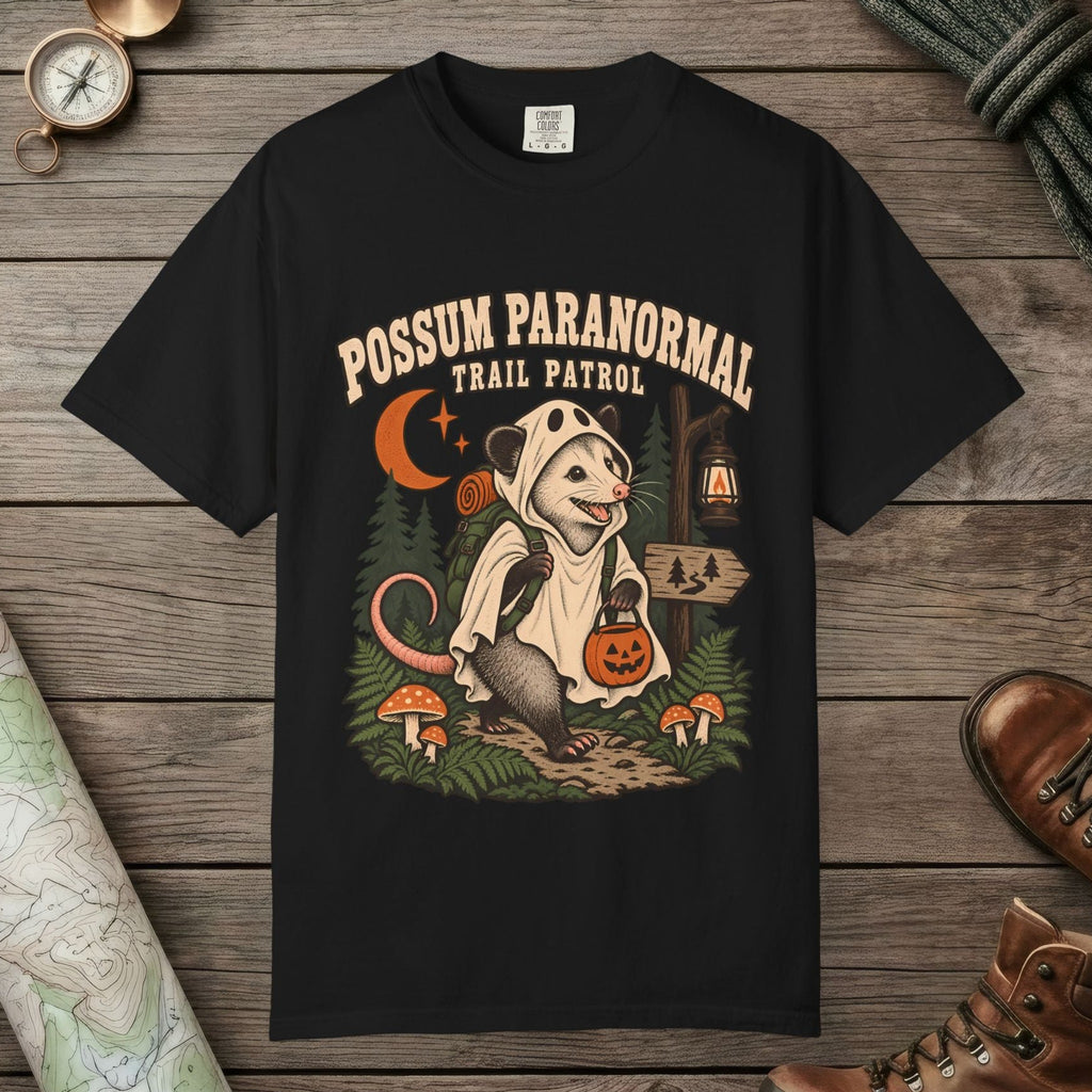 Black color unisex graphic t-shirt with "Possum Paranormal" design