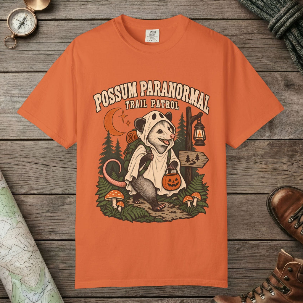 Burnt Orange color unisex graphic t-shirt with "Possum Paranormal" design