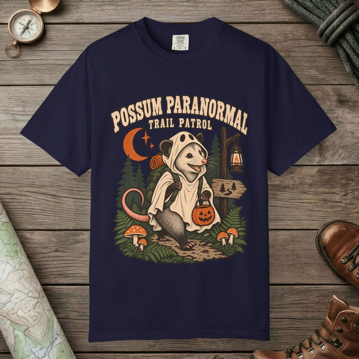 True Navy color unisex graphic t-shirt with "Possum Paranormal" design