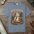 Blue Jean color unisex graphic t-shirt with "Possum Paranormal" design