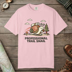 Blossom color unisex graphic t-shirt with "Professional Trail Snail" design