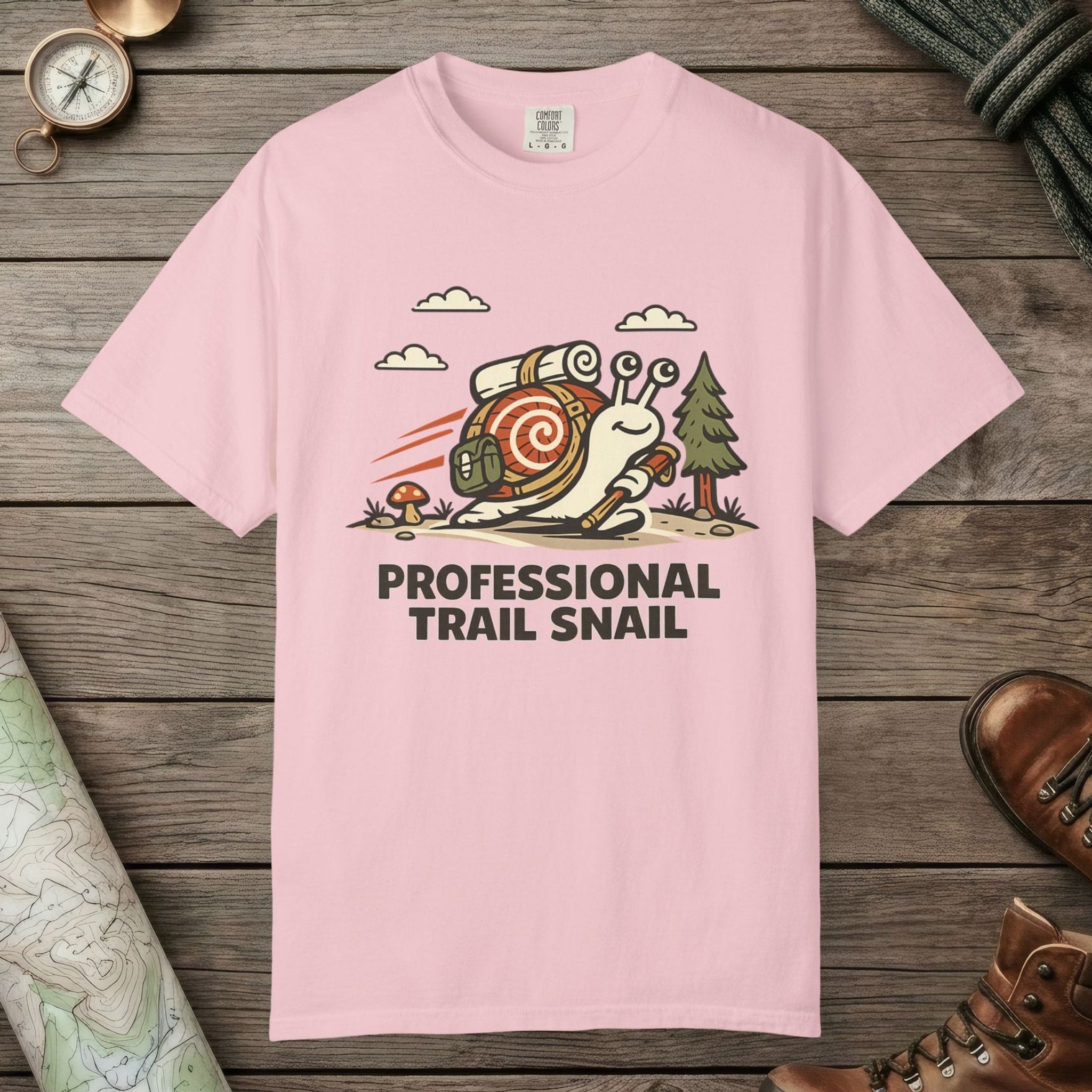 Blossom color unisex graphic t-shirt with "Professional Trail Snail" design