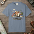 Blue Jean color unisex graphic t-shirt with "Professional Trail Snail" design