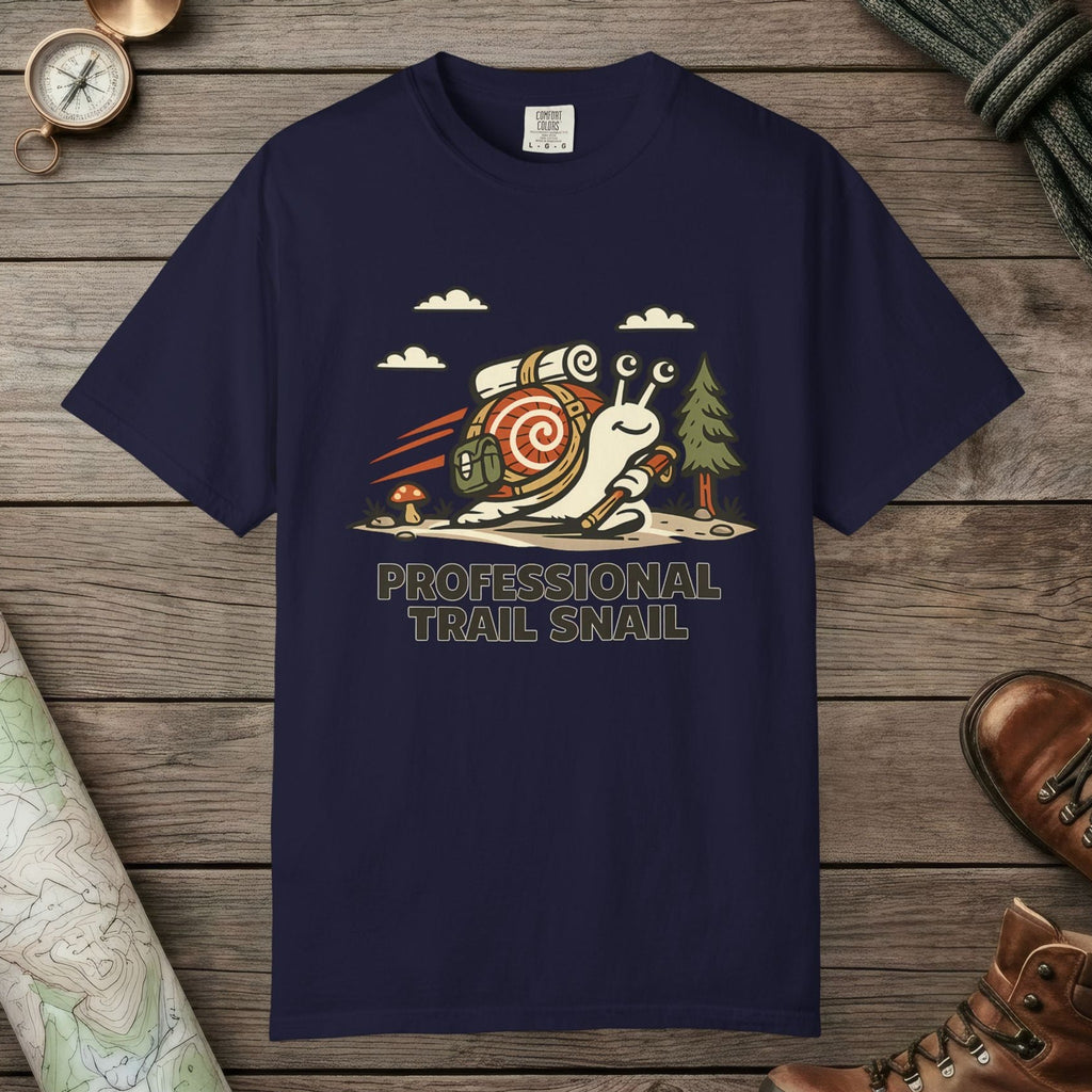 True Navy color unisex graphic t-shirt with "Professional Trail Snail" design