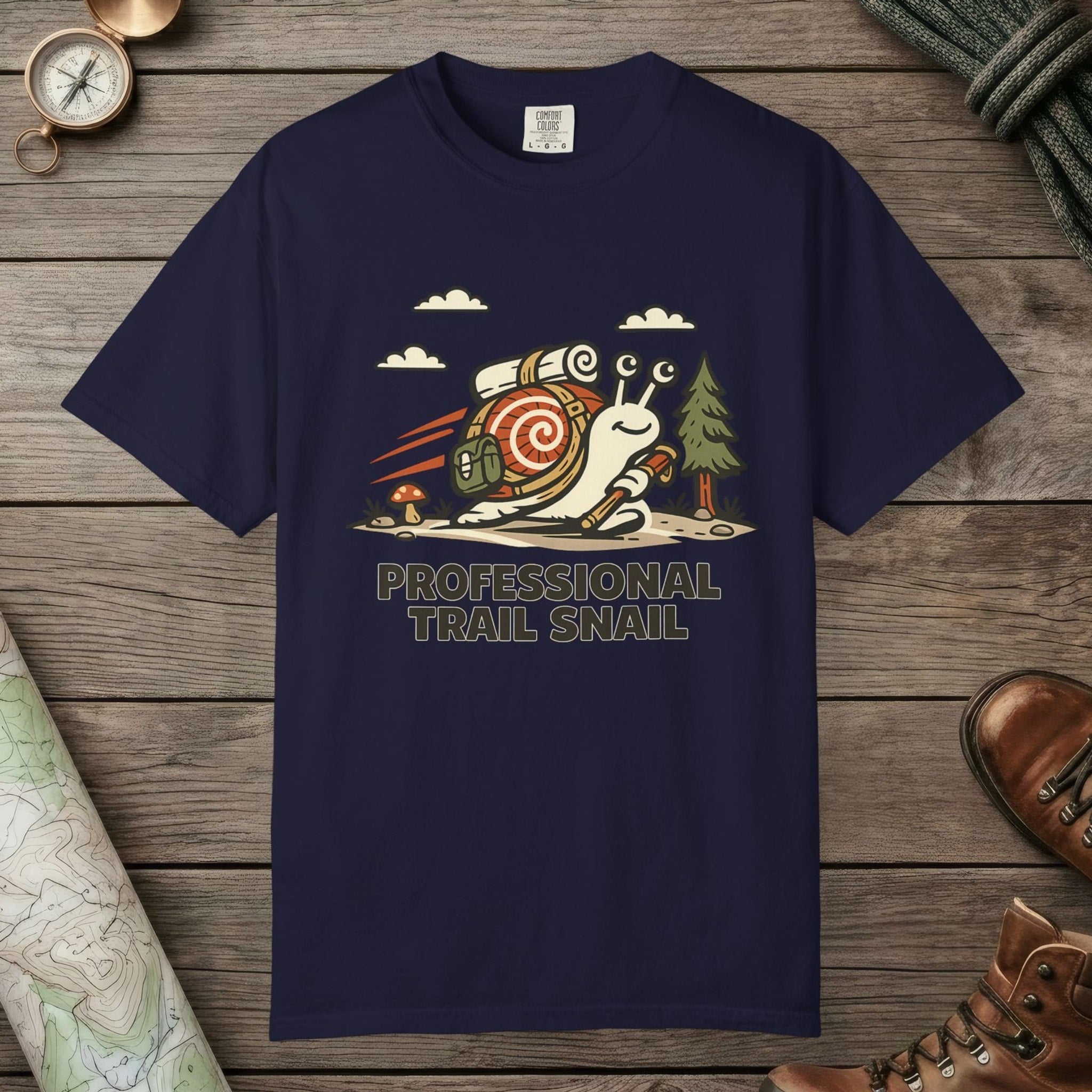 True Navy color unisex graphic t-shirt with "Professional Trail Snail" design