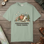 Bay color unisex graphic t-shirt with "Professional Trail Snail" design