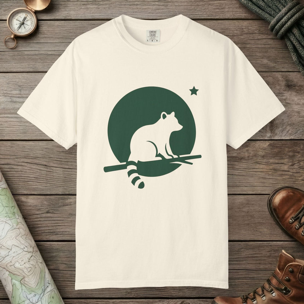 Ivory color unisex graphic t-shirt with "Raccoon Moon Silhouette" design