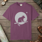 Berry color unisex graphic t-shirt with "Raccoon Moon Silhouette" design