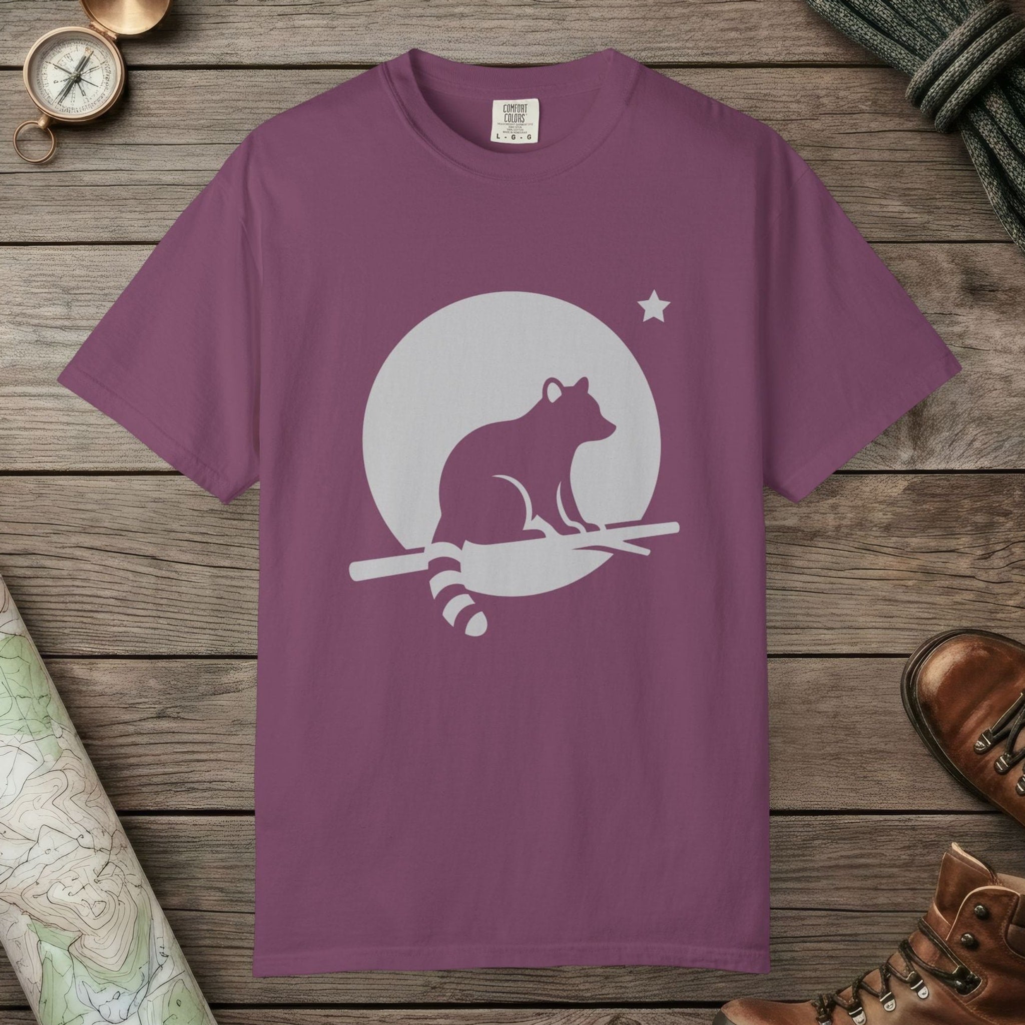 Berry color unisex graphic t-shirt with "Raccoon Moon Silhouette" design