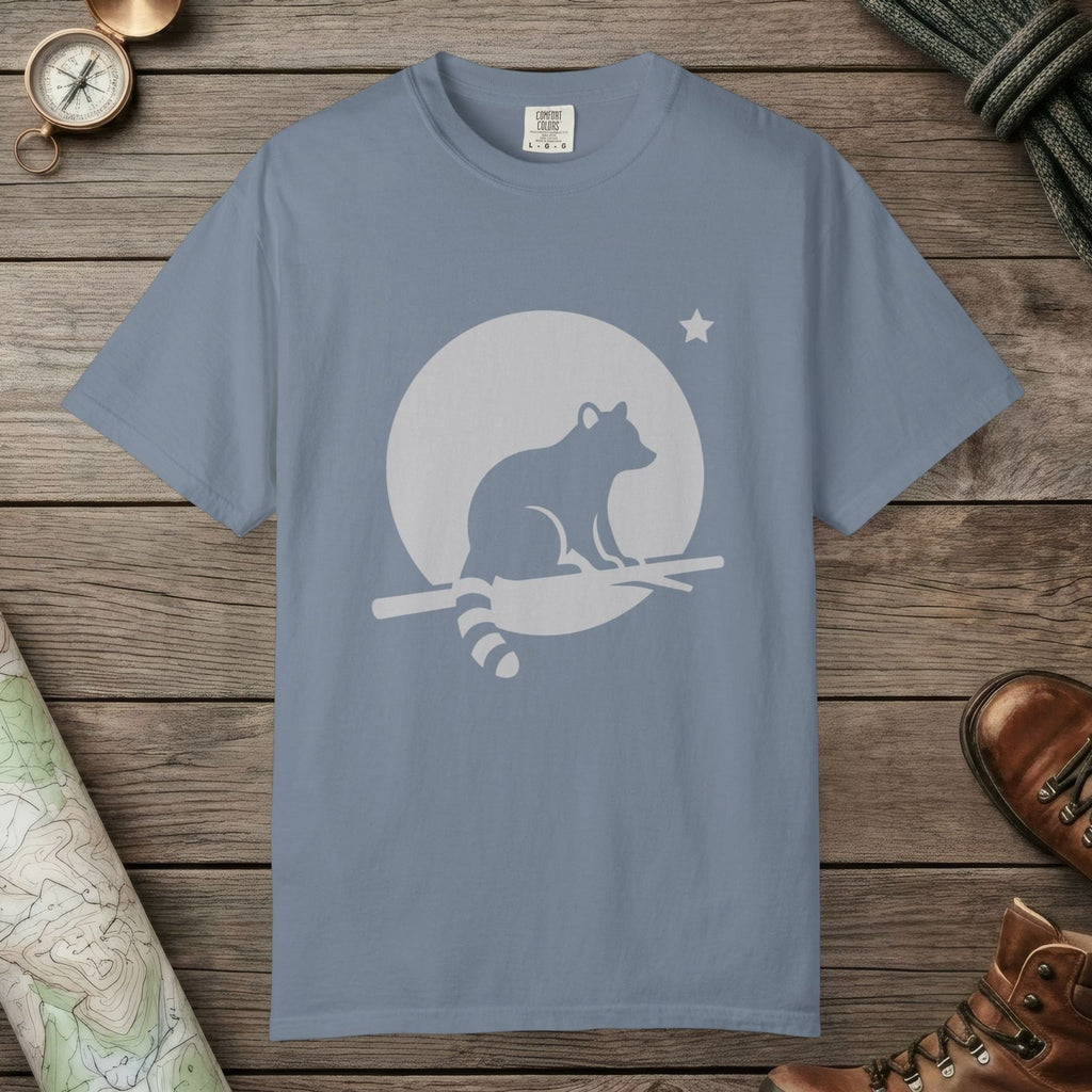 Blue Jean color unisex graphic t-shirt with "Raccoon Moon Silhouette" design