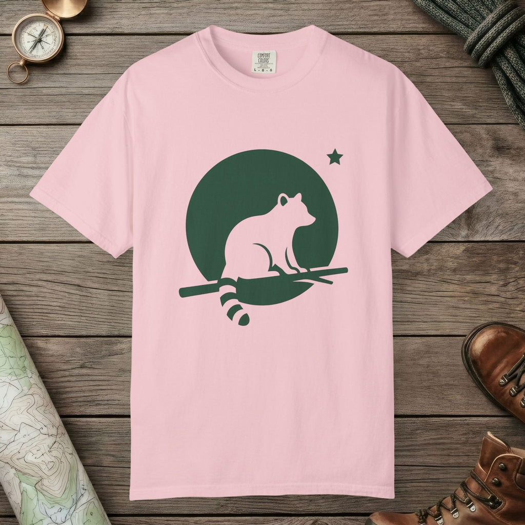 Blossom color unisex graphic t-shirt with "Raccoon Moon Silhouette" design