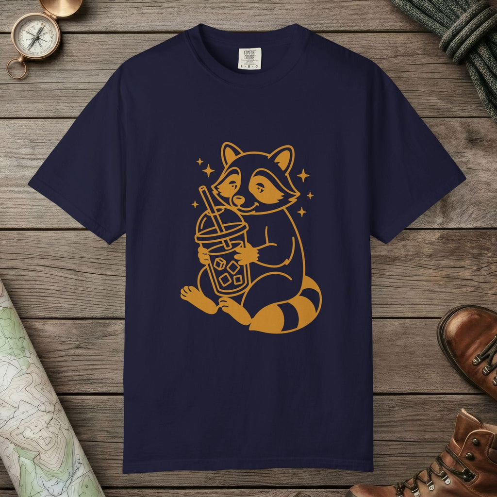 True Navy color unisex graphic t-shirt with "Raccoon with Iced Drink" design
