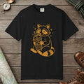 Black color unisex graphic t-shirt with "Raccoon with Iced Drink" design