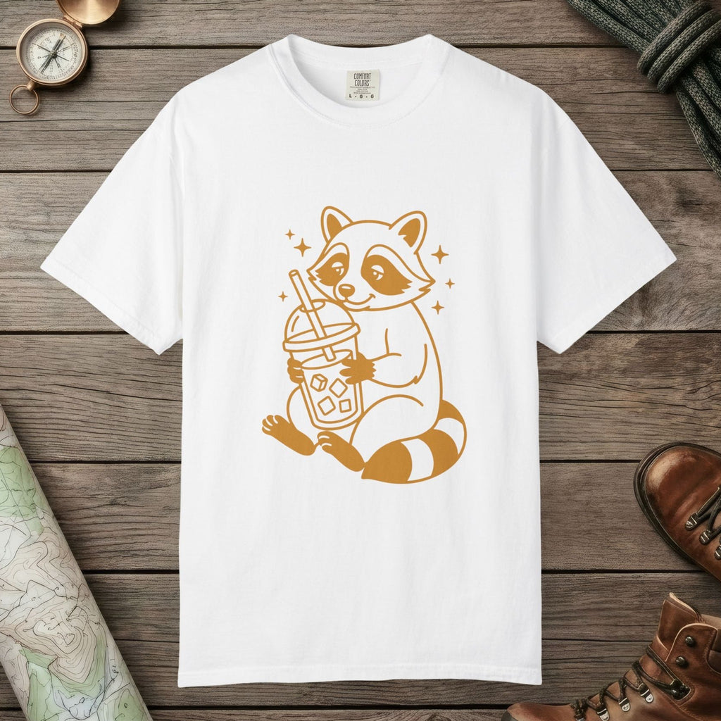 White color unisex graphic t-shirt with "Raccoon with Iced Drink" design