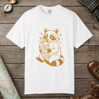 White color unisex graphic t-shirt with "Raccoon with Iced Drink" design