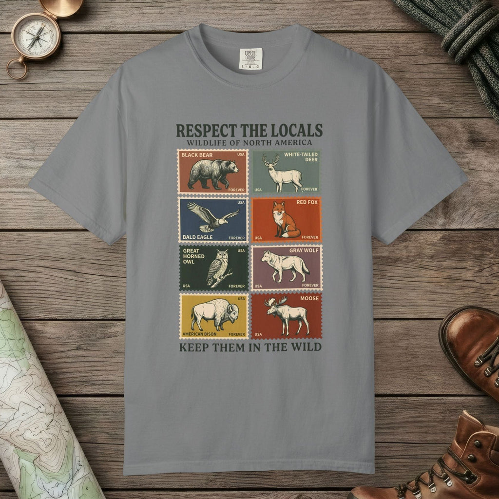 Grey color unisex graphic t-shirt with "Respect The Locals" design