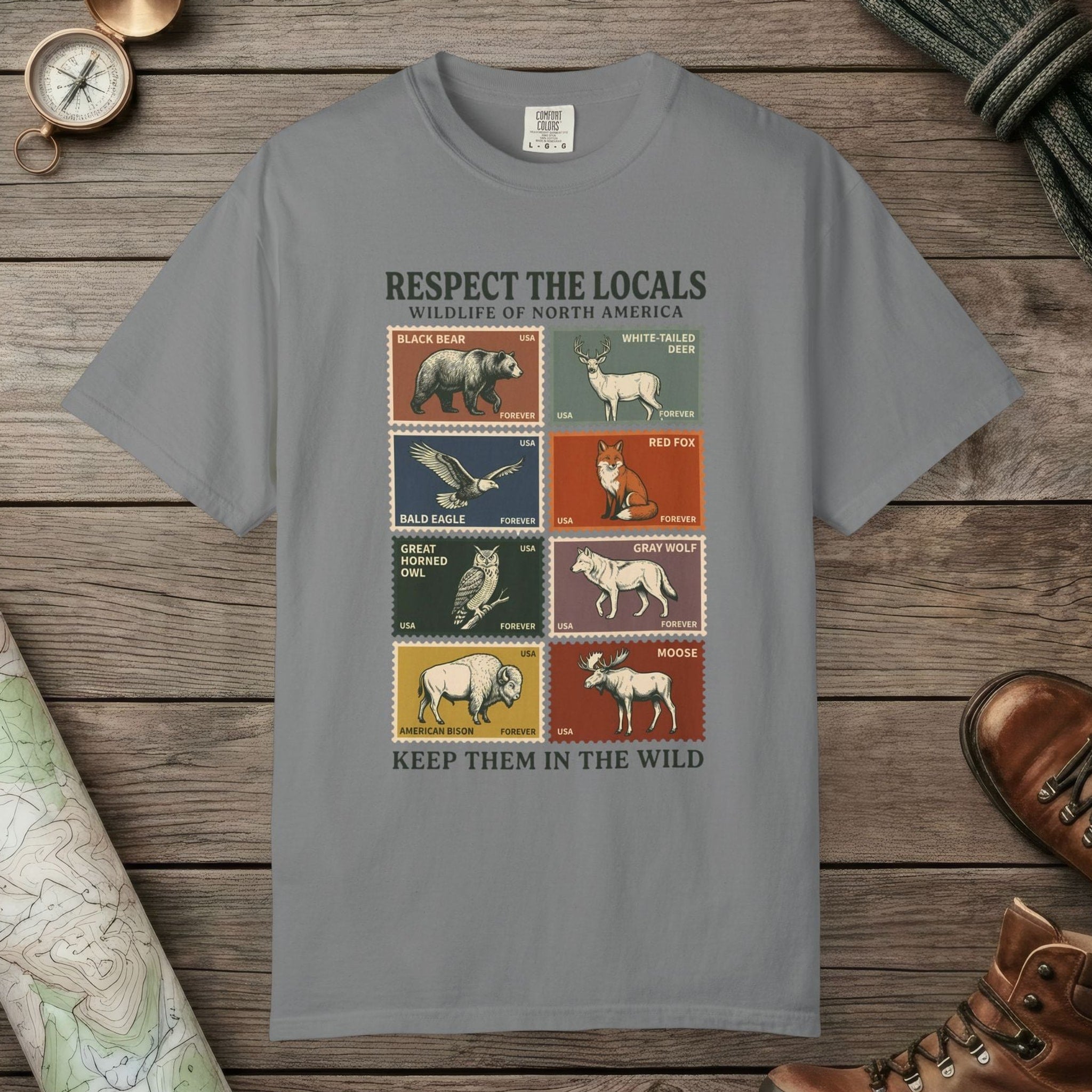 Grey color unisex graphic t-shirt with "Respect The Locals" design