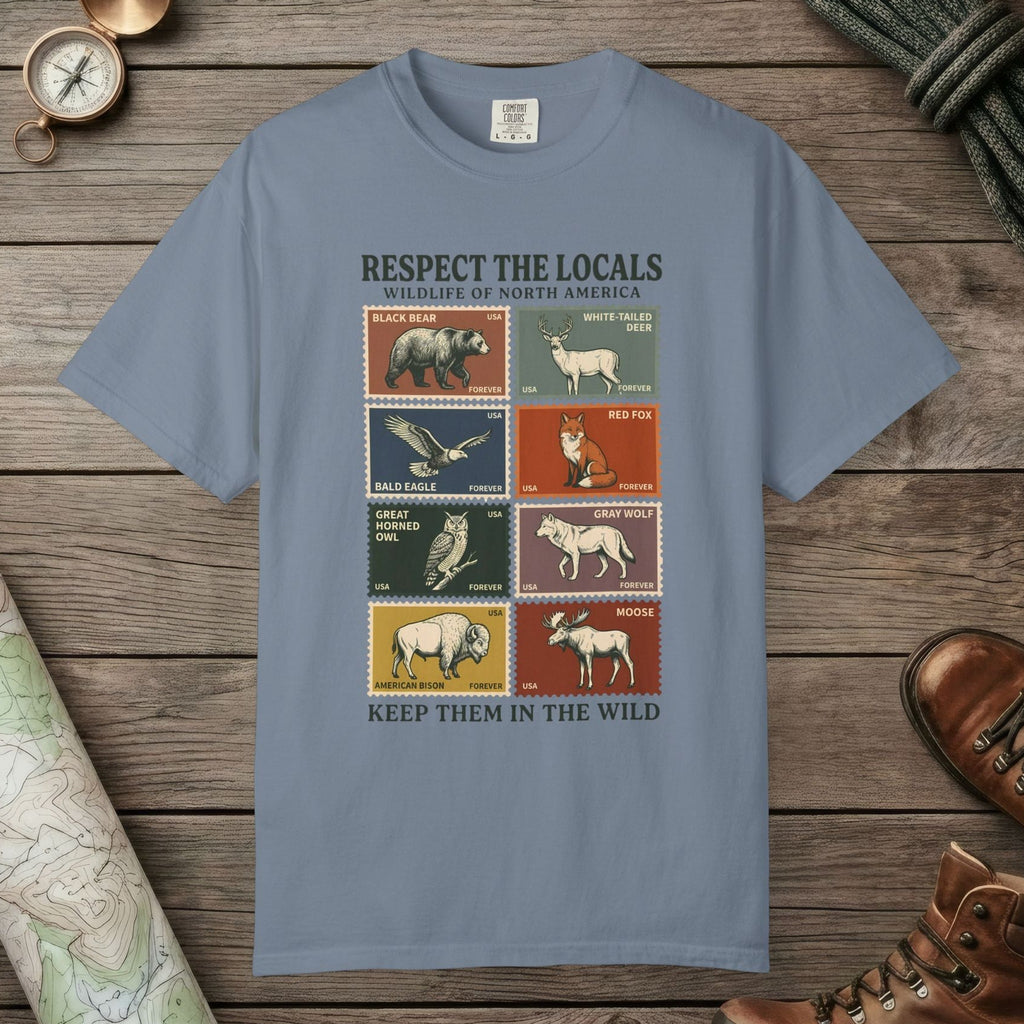 Blue Jean color unisex graphic t-shirt with "Respect The Locals" design