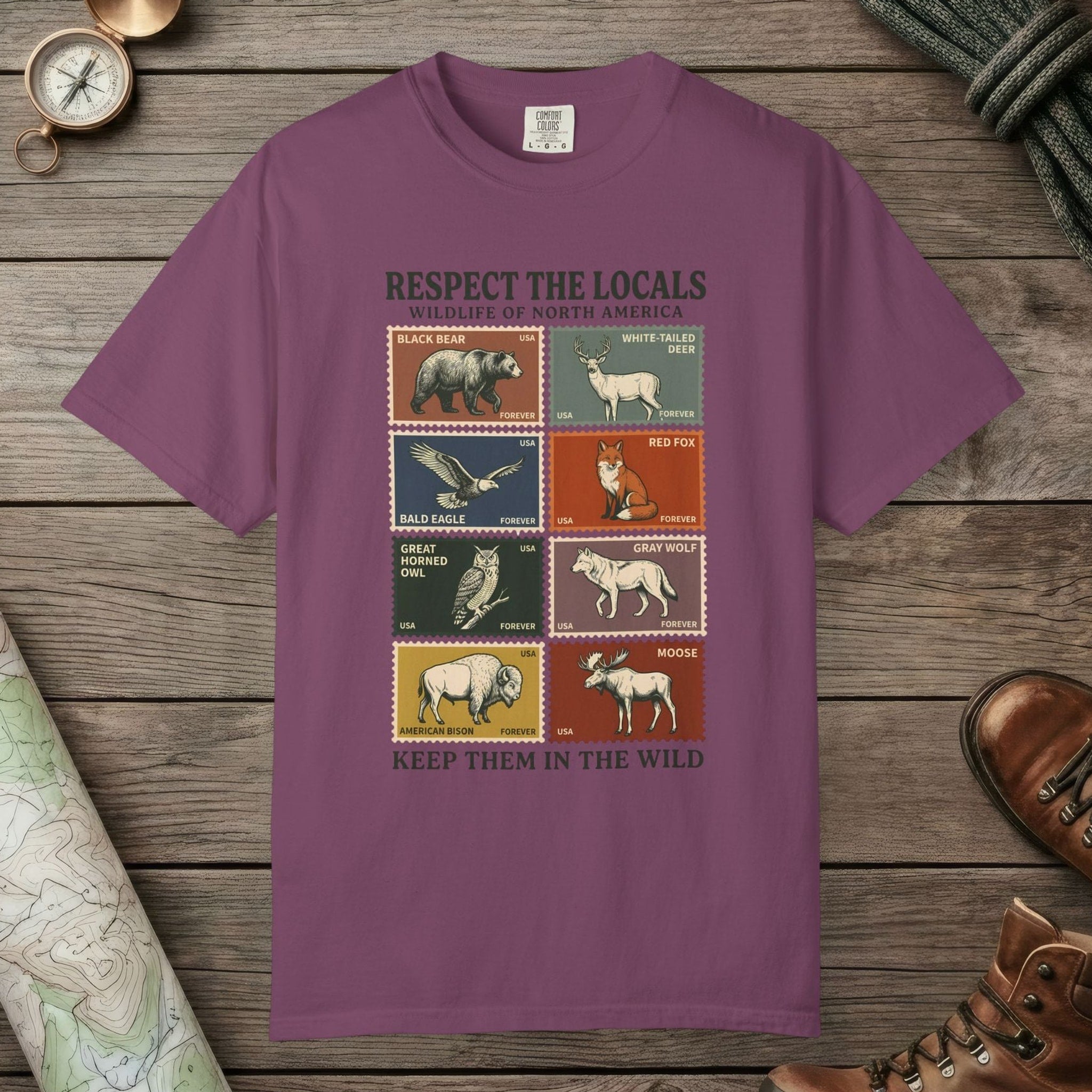 Berry color unisex graphic t-shirt with "Respect The Locals" design