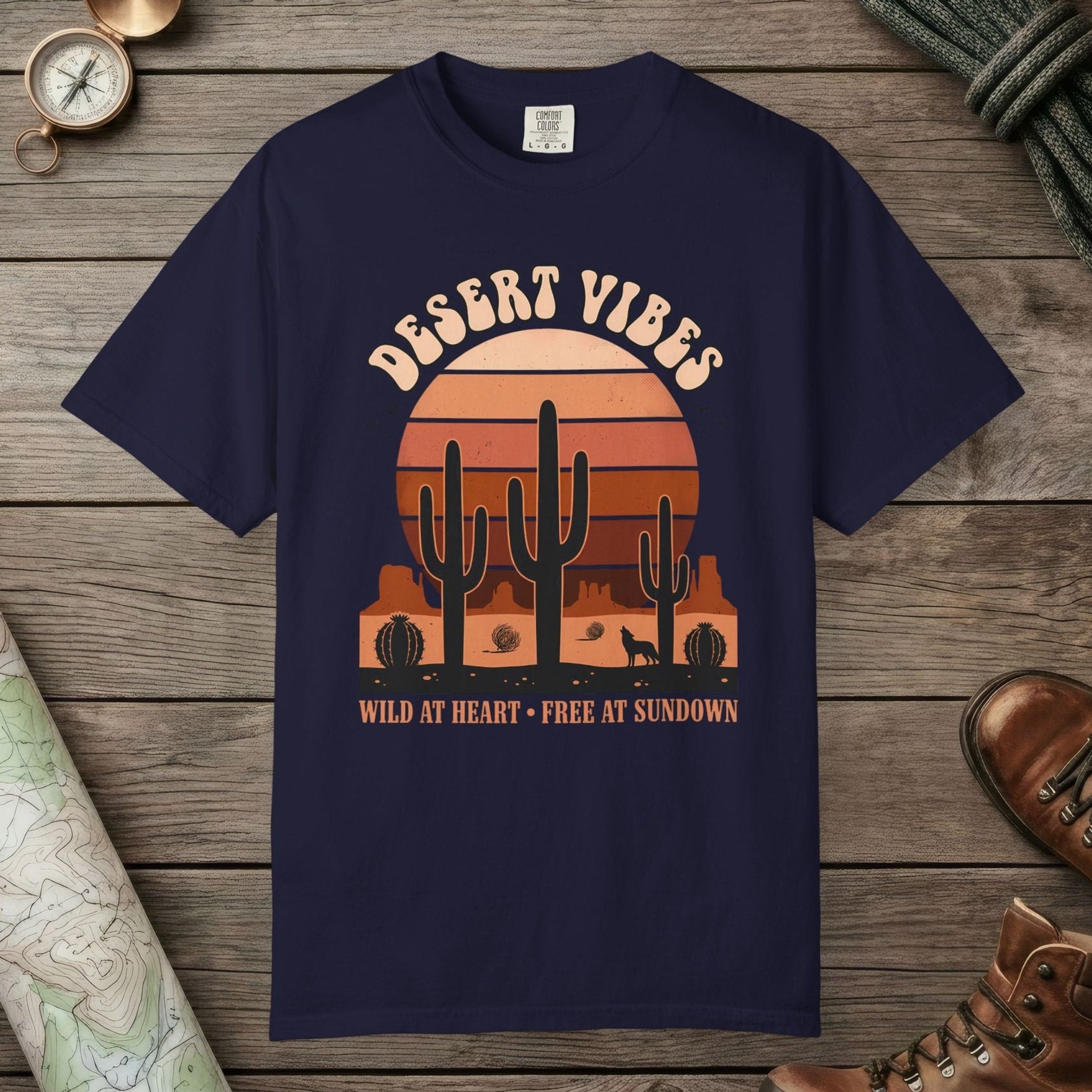 True Navy color unisex graphic t-shirt with "Retro Cactus Desert" design