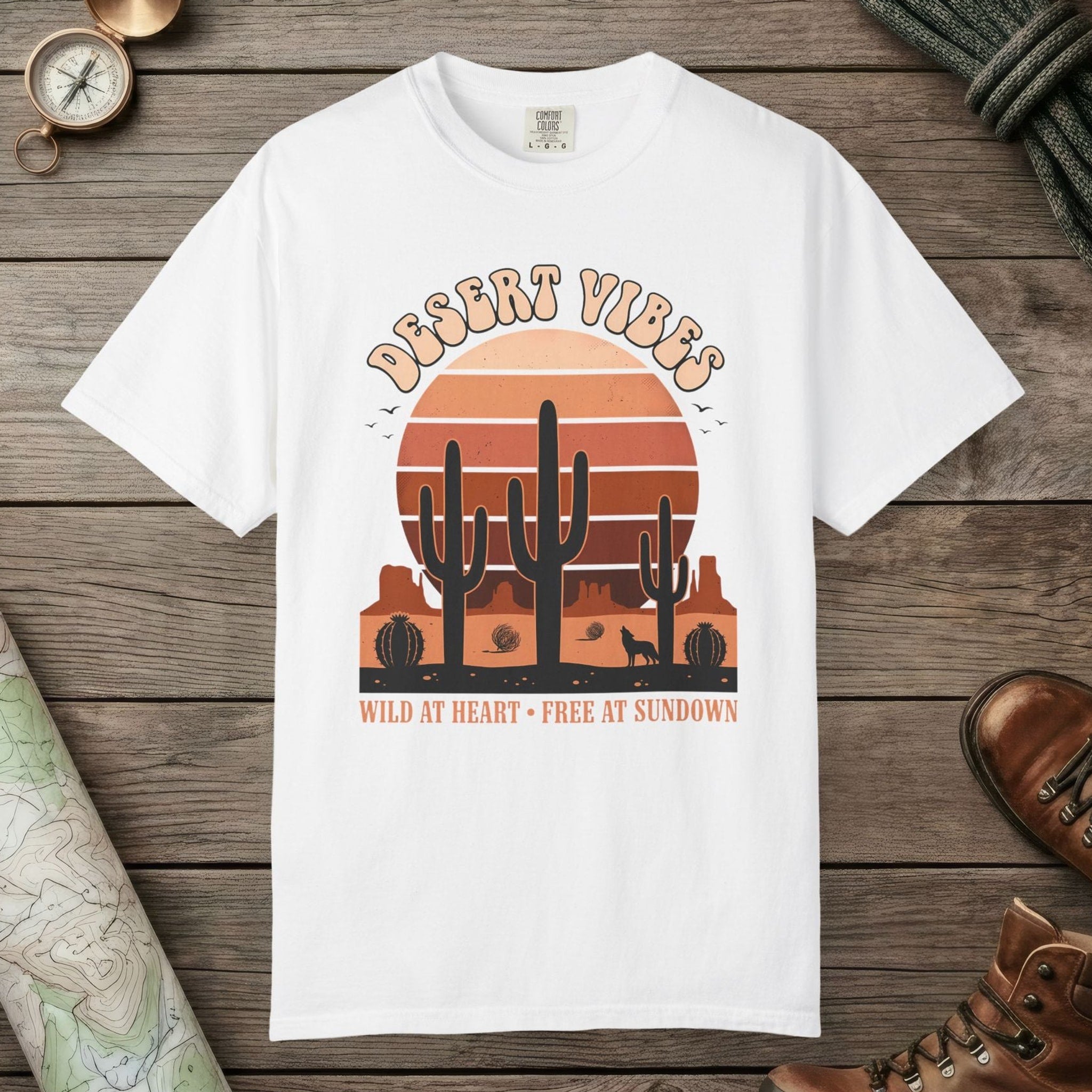 White color unisex graphic t-shirt with "Retro Cactus Desert" design