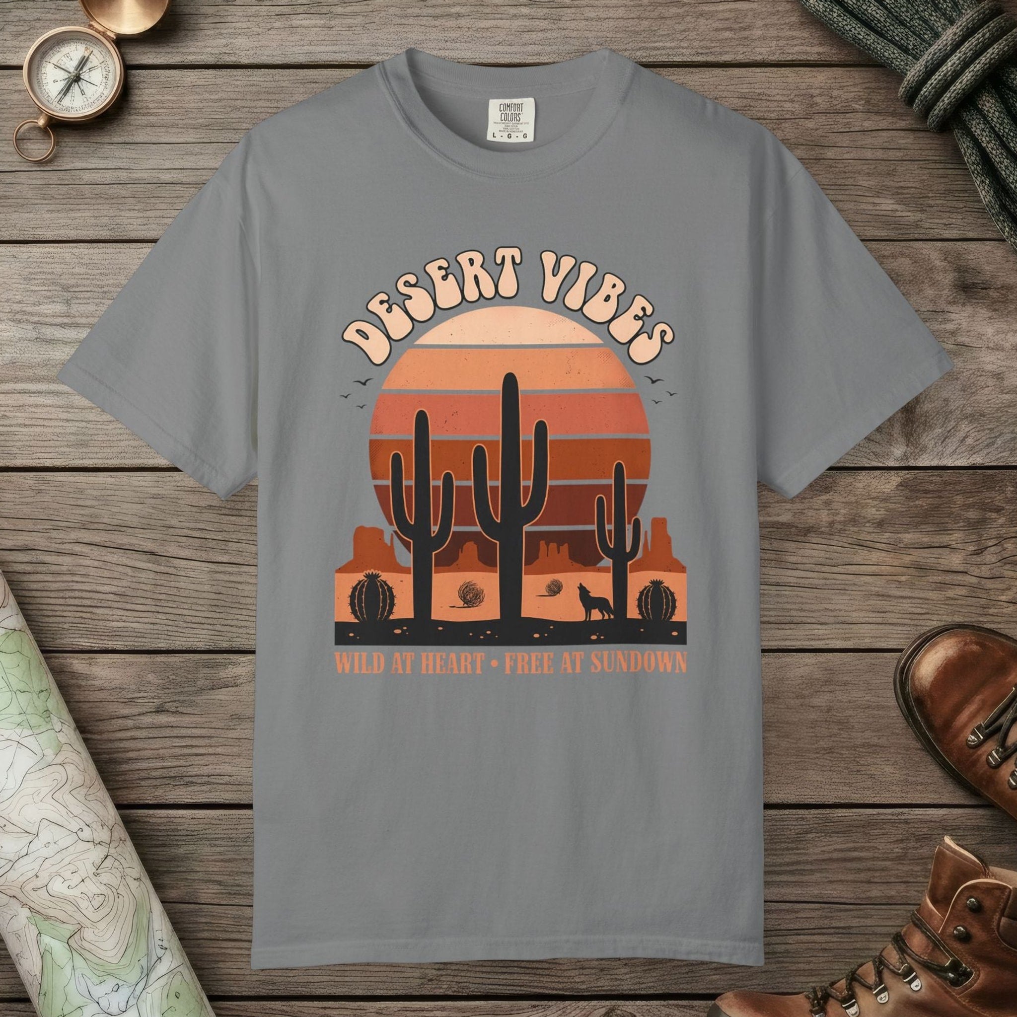 Grey color unisex graphic t-shirt with "Retro Cactus Desert" design