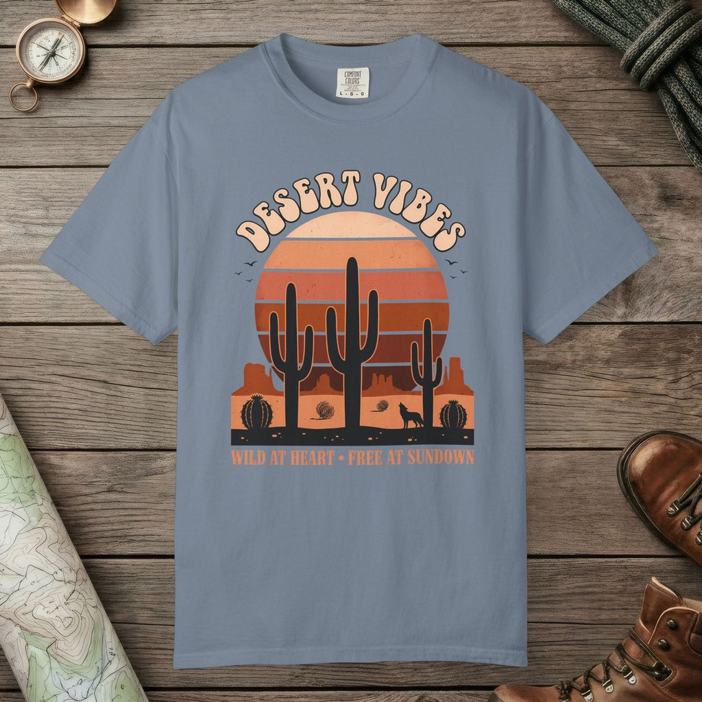 Blue Jean color unisex graphic t-shirt with "Retro Cactus Desert" design
