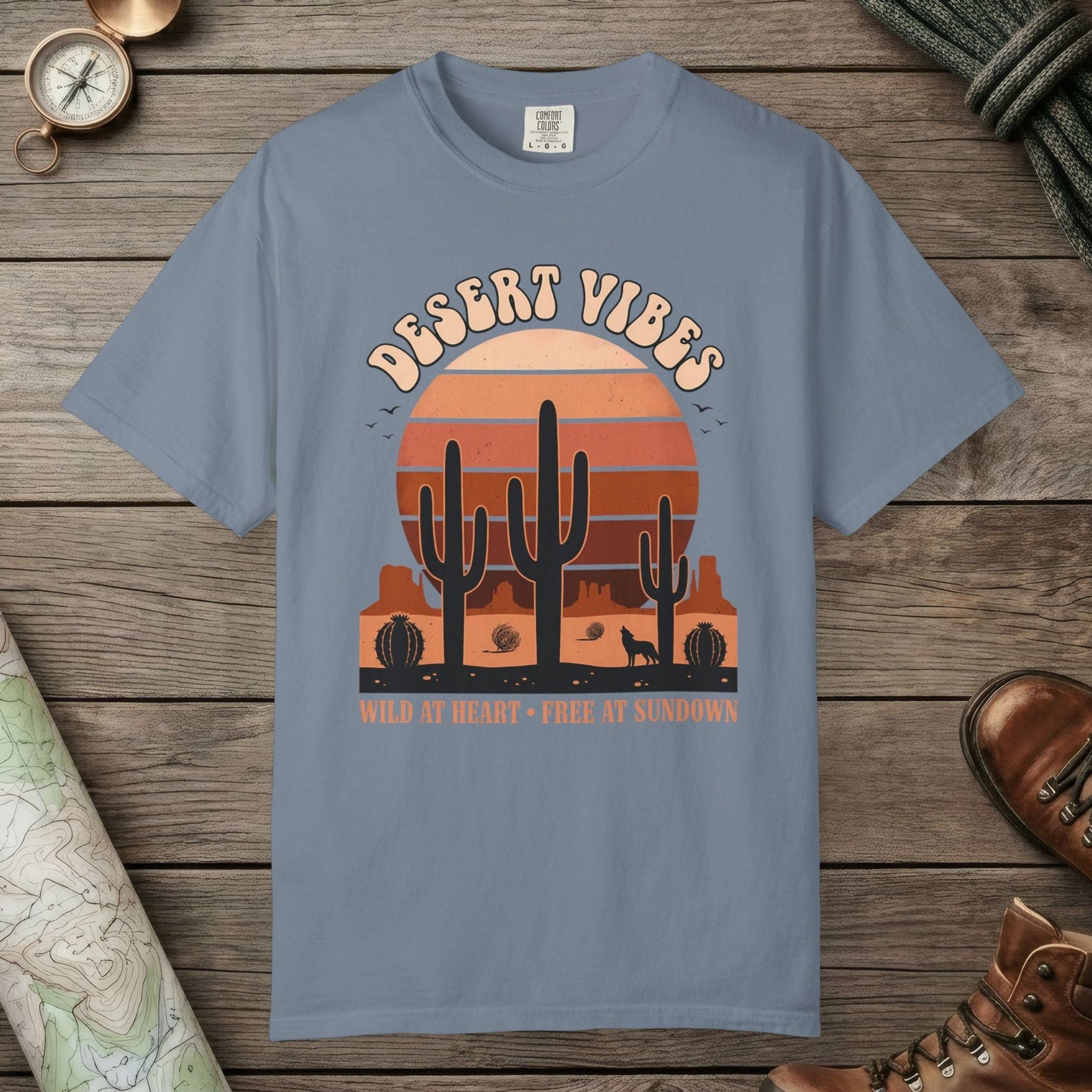 Blue Jean color unisex graphic t-shirt with "Retro Cactus Desert" design