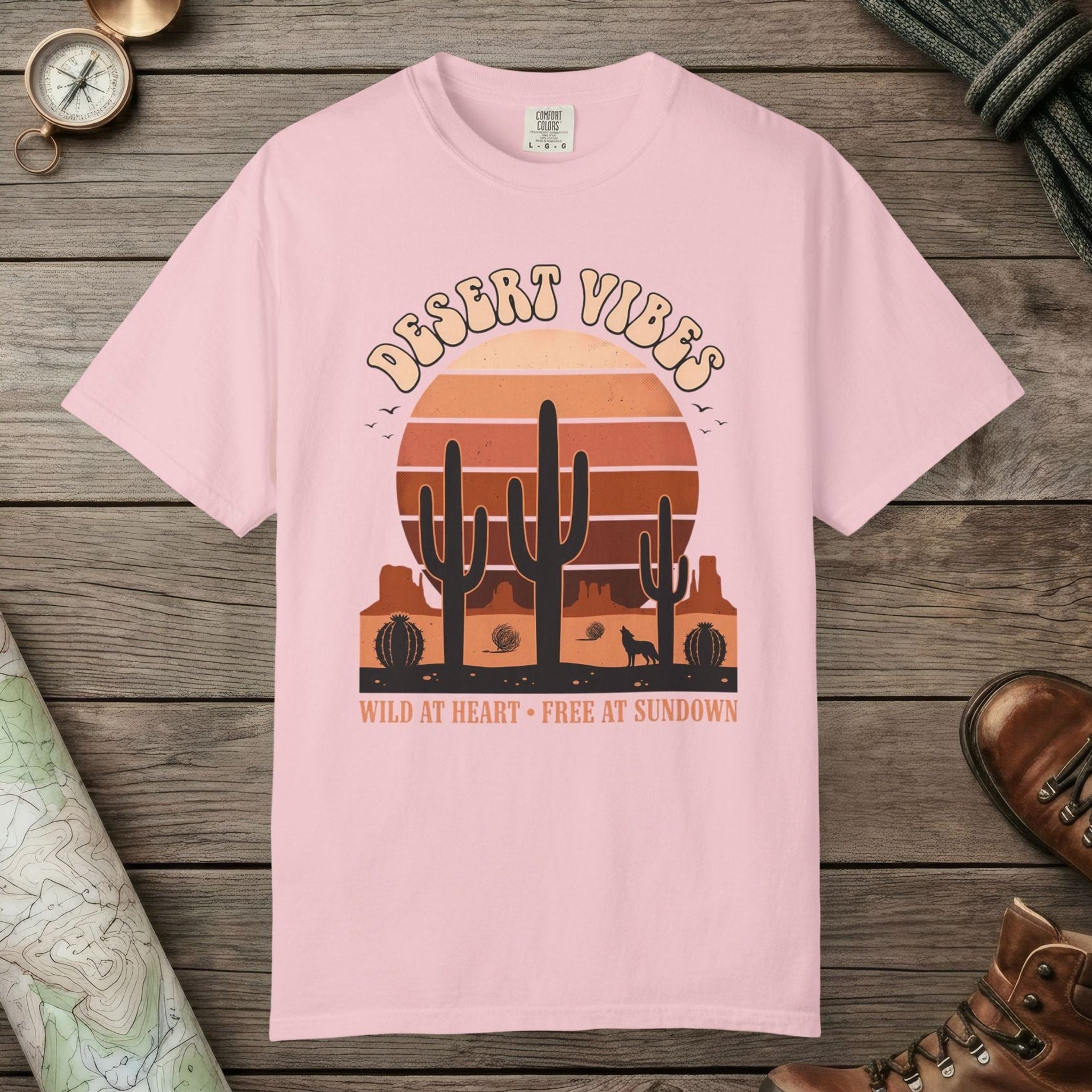Blossom color unisex graphic t-shirt with "Retro Cactus Desert" design