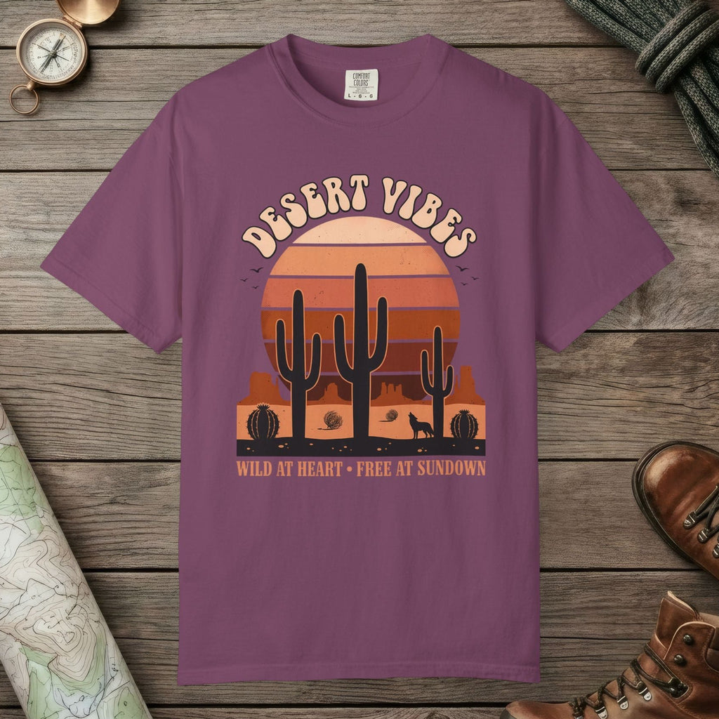 Berry color unisex graphic t-shirt with "Retro Cactus Desert" design