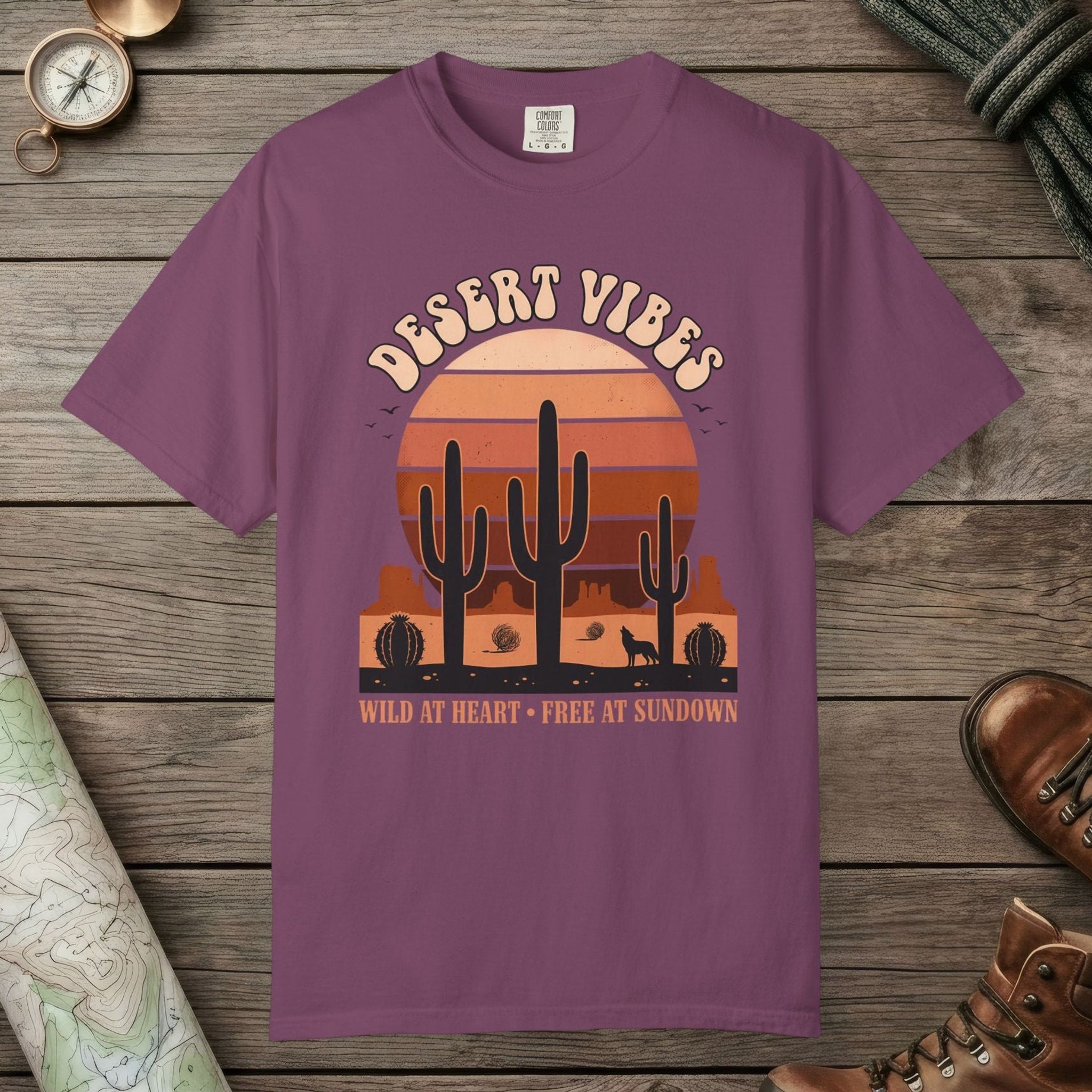 Berry color unisex graphic t-shirt with "Retro Cactus Desert" design