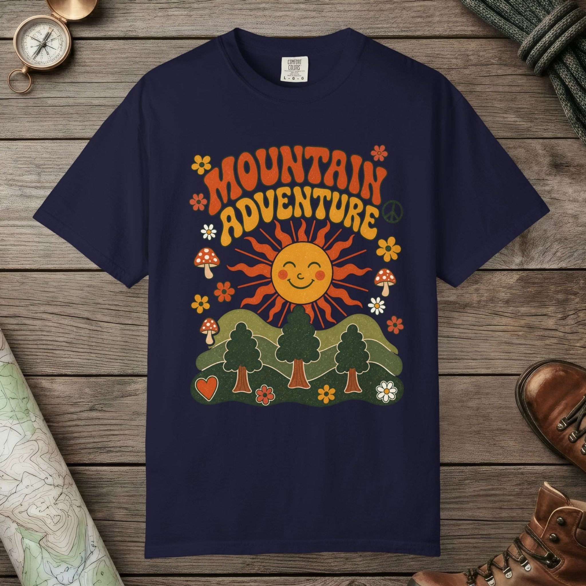 True Navy color unisex graphic t-shirt with "Retro Groovy Mountain Adventure" design
