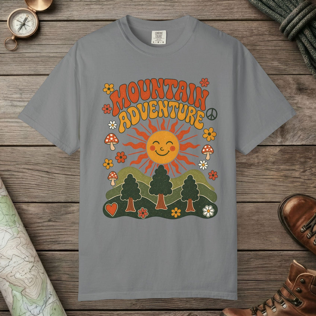Grey color unisex graphic t-shirt with "Retro Groovy Mountain Adventure" design