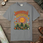 Grey color unisex graphic t-shirt with "Retro Groovy Mountain Adventure" design