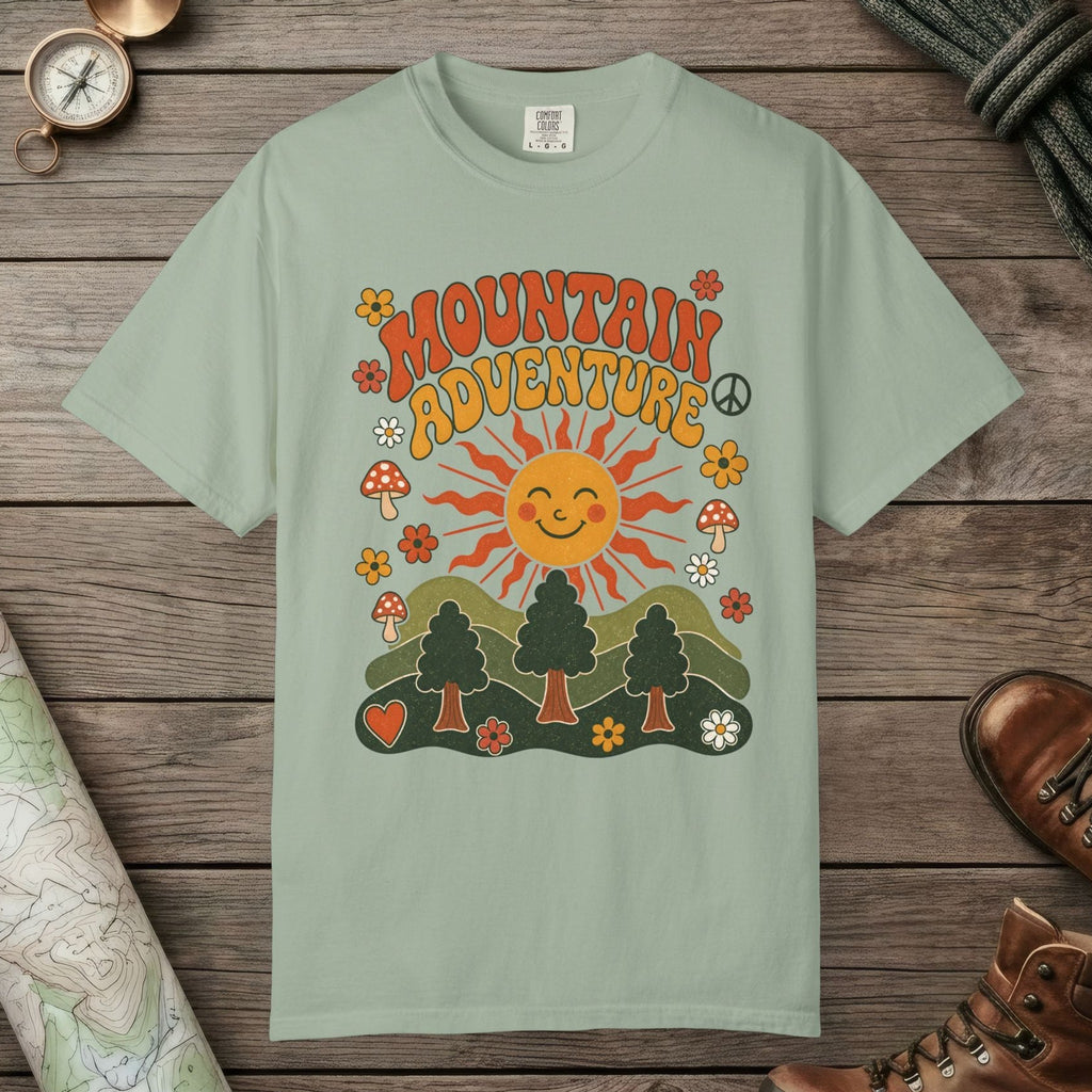 Bay color unisex graphic t-shirt with "Retro Groovy Mountain Adventure" design