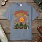 Blue Jean color unisex graphic t-shirt with "Retro Groovy Mountain Adventure" design