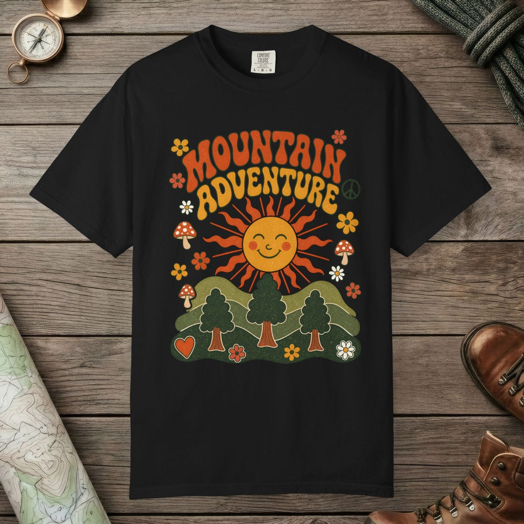 Black color unisex graphic t-shirt with "Retro Groovy Mountain Adventure" design