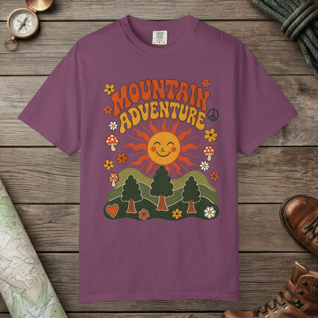 Berry color unisex graphic t-shirt with "Retro Groovy Mountain Adventure" design
