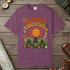 Berry color unisex graphic t-shirt with "Retro Groovy Mountain Adventure" design