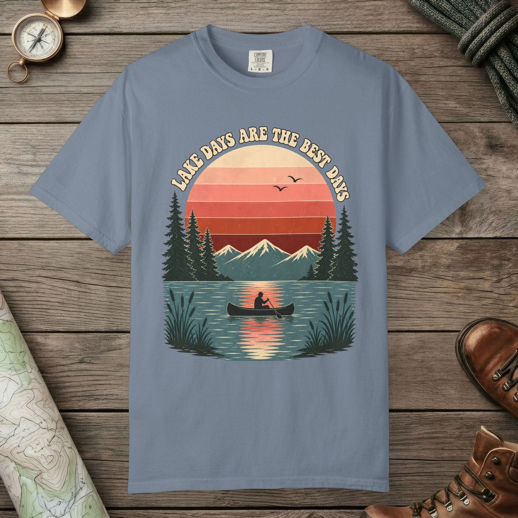 Blue Jean color unisex graphic t-shirt with "Retro Lake Day" design