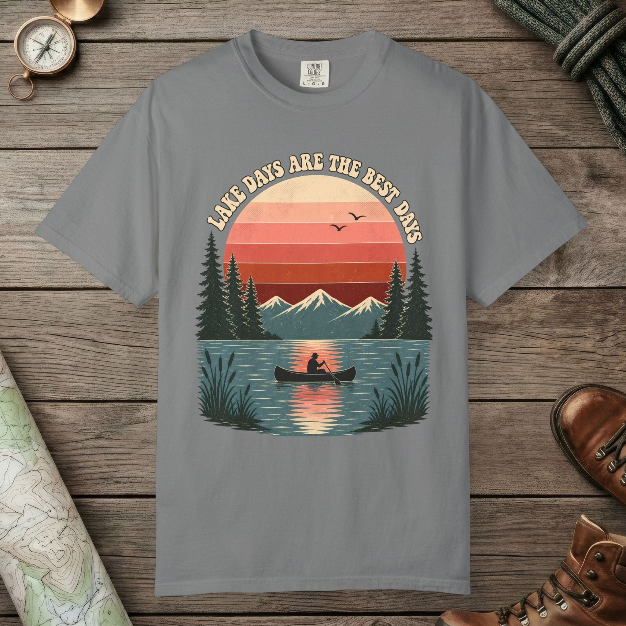 Grey color unisex graphic t-shirt with "Retro Lake Day" design