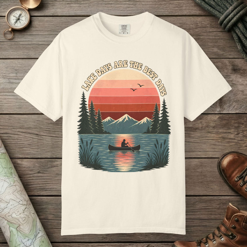 Ivory color unisex graphic t-shirt with "Retro Lake Day" design