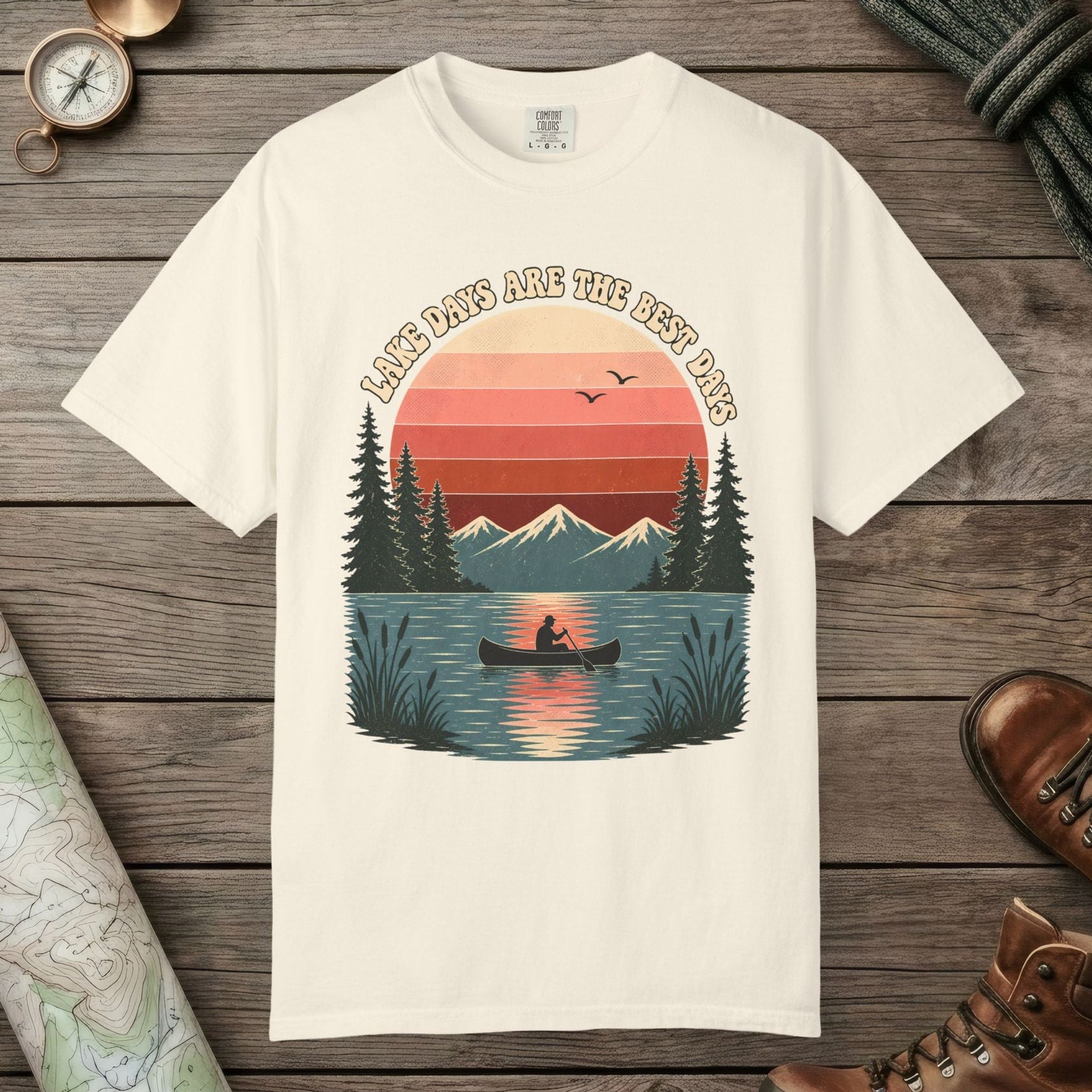 Ivory color unisex graphic t-shirt with "Retro Lake Day" design